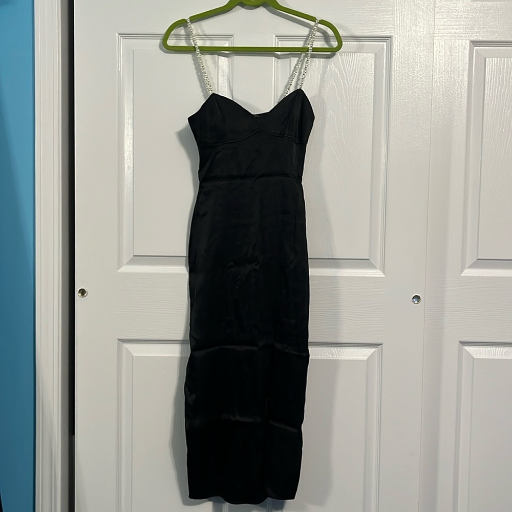 Black silk midi dress with pearl straps